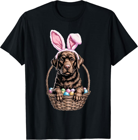 Chocolate Labrador Easter Bunny Ears Dog in Basket Spring T-Shirt