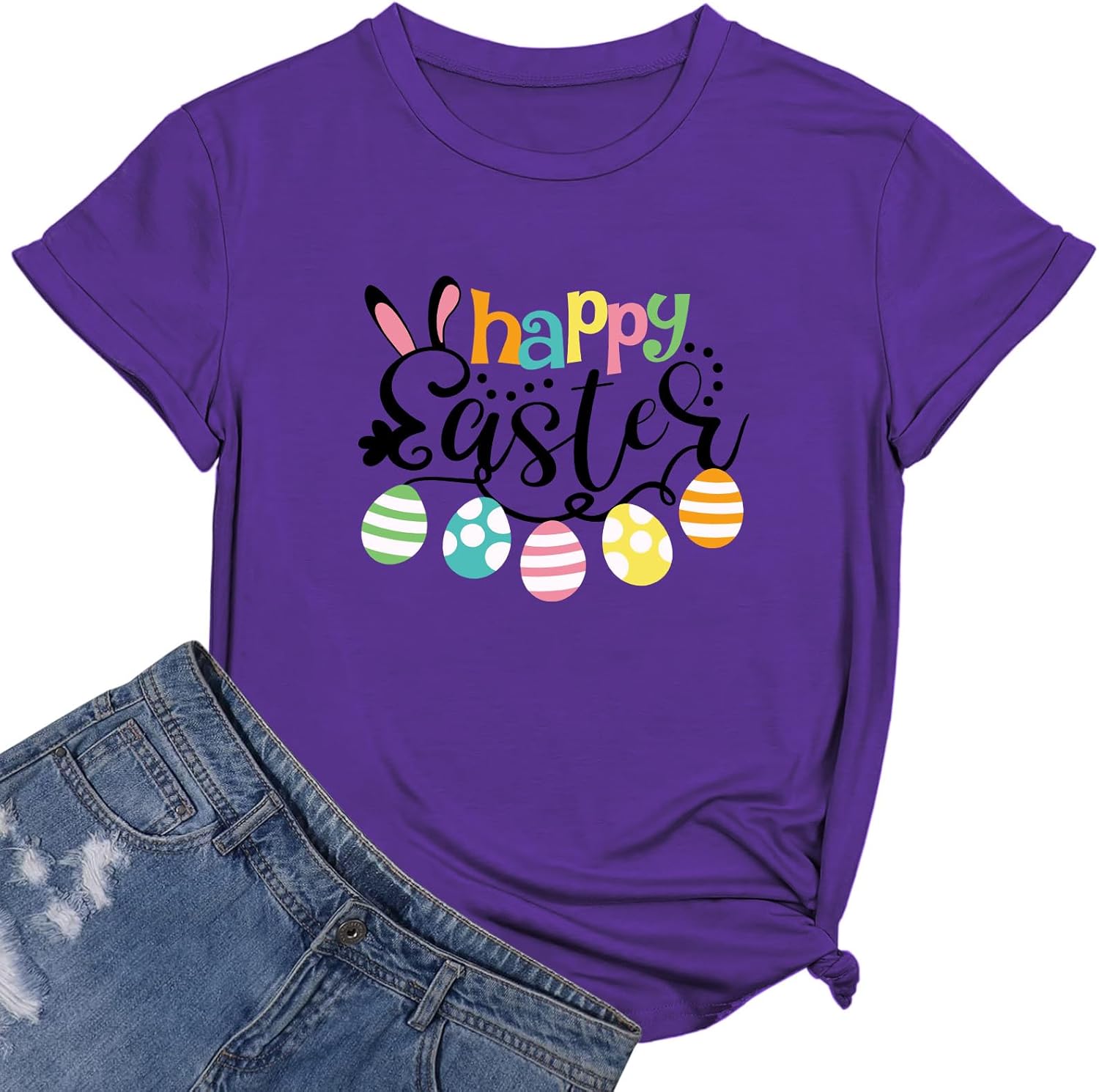 Happy Easter Shirts for Women Easter Bunny T-Shirt Short Sleeve Rabbit Graphic Tees Easter Shirt Tops(Ha-Purple,L)