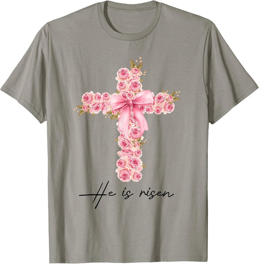 He Is Risen Coquette Bow Floral Cross Faith Easter Christian T-Shirt