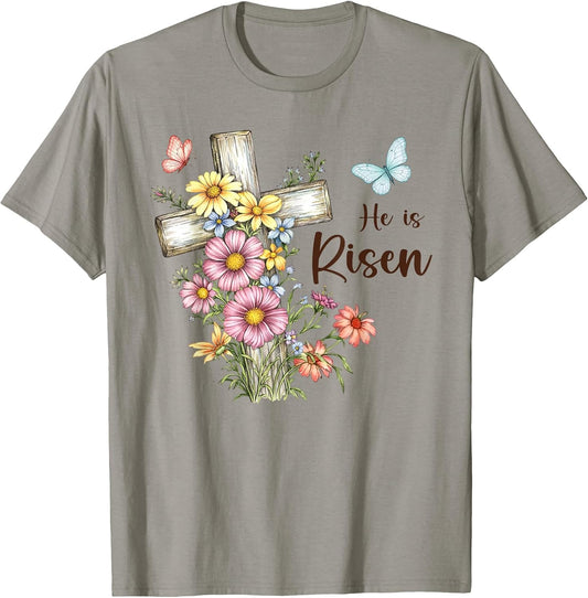 Christian He is Risen Floral Cross Religious Easter Day T-Shirt