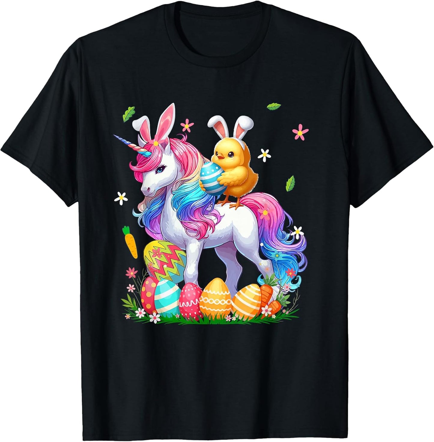 Bunny Chick Ridding Unicorn Easter Hunting Colourful Eggs T-Shirt