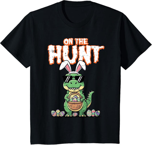 Kids Easter Dino On The Hunt Trex Egg Hunting Boys Kids Toddler T-Shirt