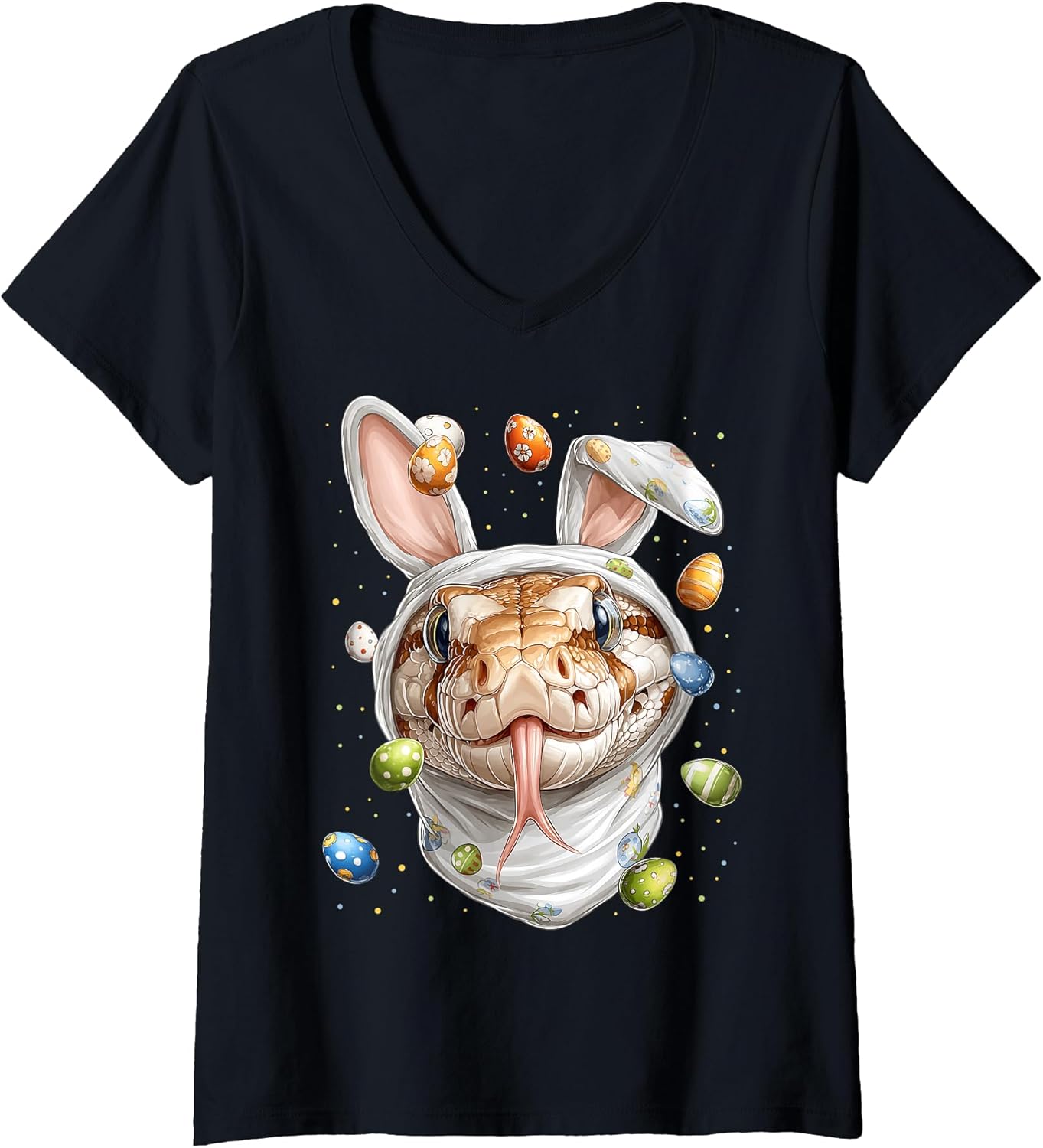 Women's Ball Python Snake Easter Rabbit Eggs Bunny Ears V-Neck T-Shirt