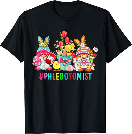 Phlebotomist Easter Bunny Gnomes With Chicks Hunting Eggs T-Shirt