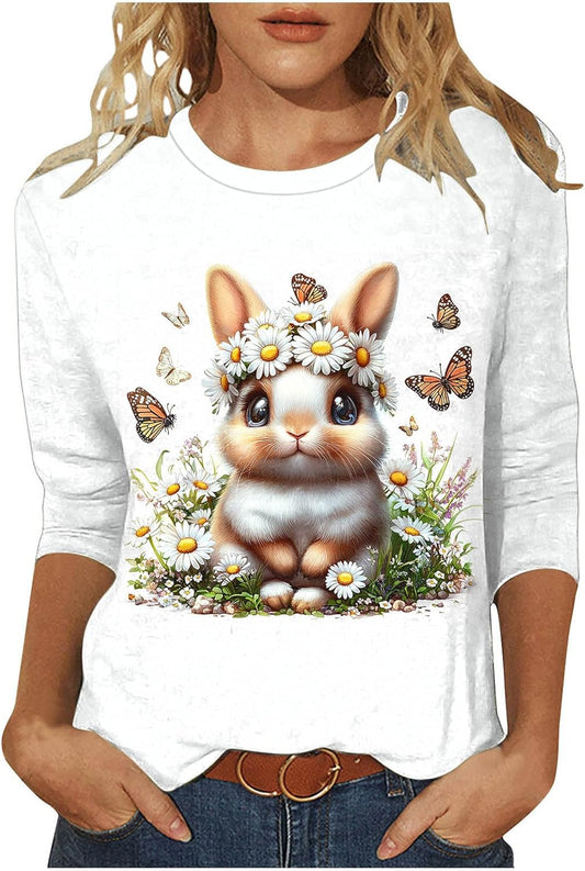 Easter Shirts for Women 2026 Funny Cute Bunny Egg Printed Tees Casual 3/4 Sleeve Tops Happy Easter T-Shirt Outfits