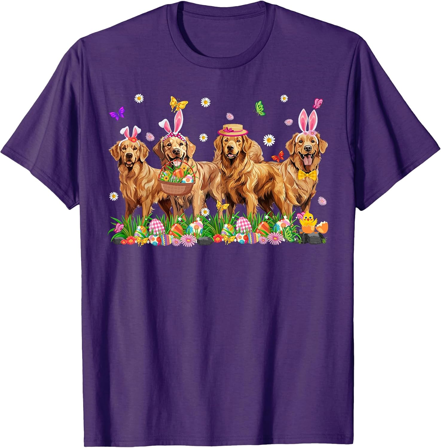 Golden Retriever Dogs With Bunny Ears Egg Basket Easter Day T-Shirt