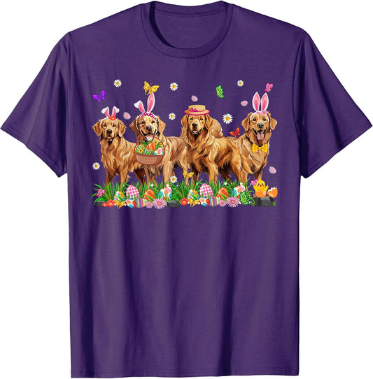 Golden Retriever Dogs With Bunny Ears Egg Basket Easter Day T-Shirt
