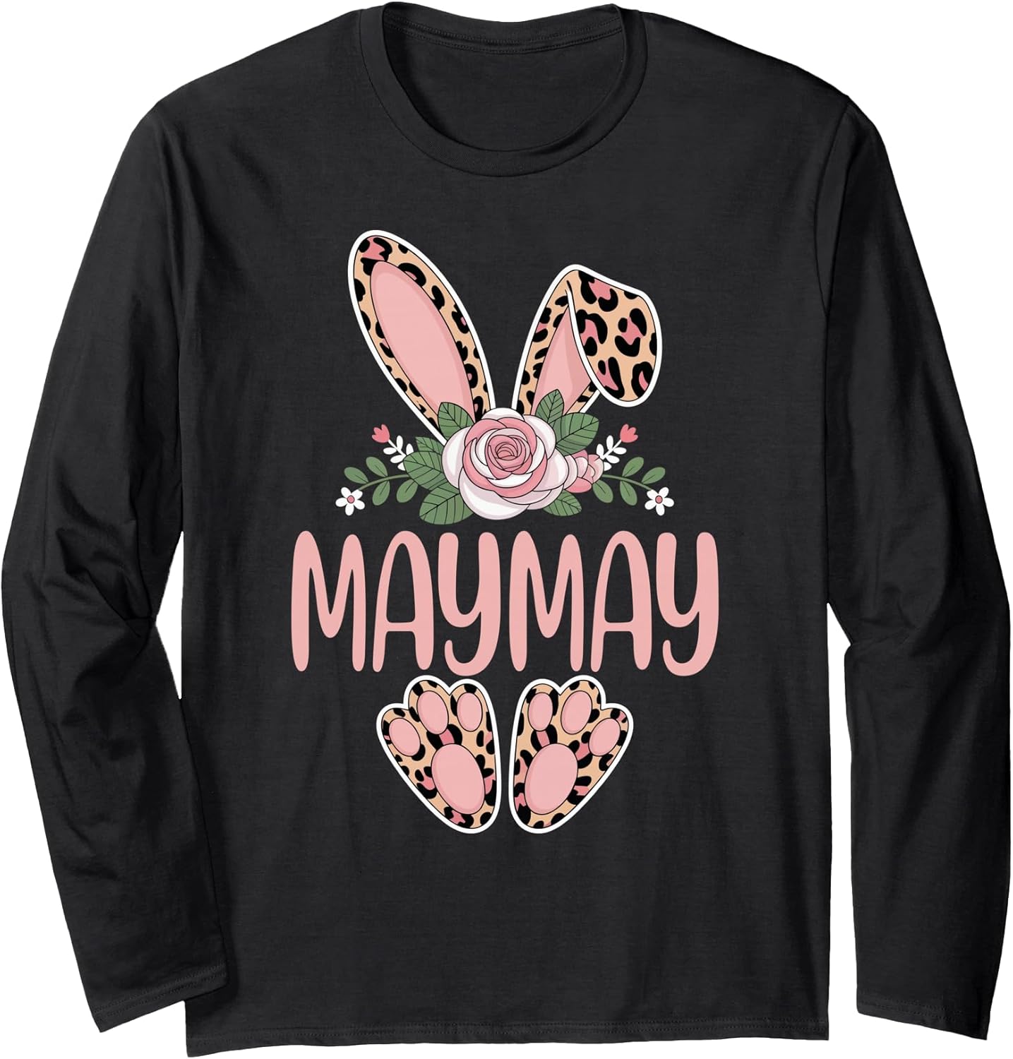 Maymay Cute Leopard Bunny Ears Floral Easter Long Sleeve T-Shirt