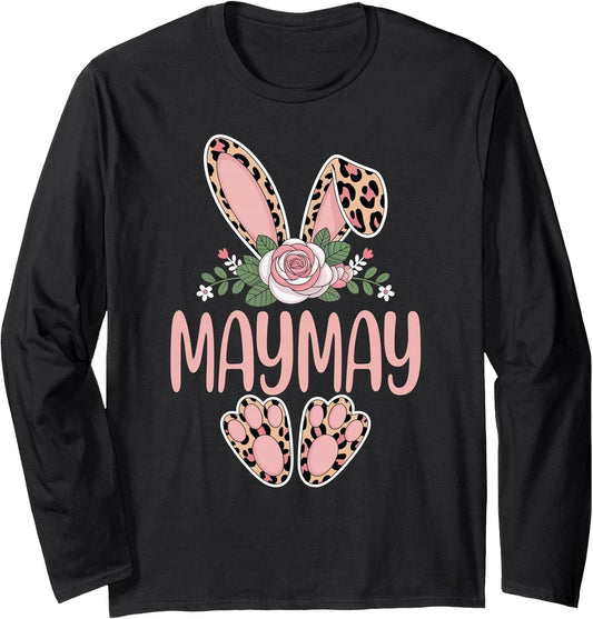 Maymay Cute Leopard Bunny Ears Floral Easter Long Sleeve T-Shirt