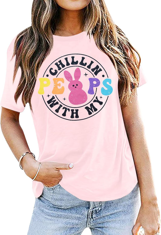 Happy Easter Shirts Bunny Outfits: Chillin with My Peeps Top Easter Graphics Short Sleeve Tops