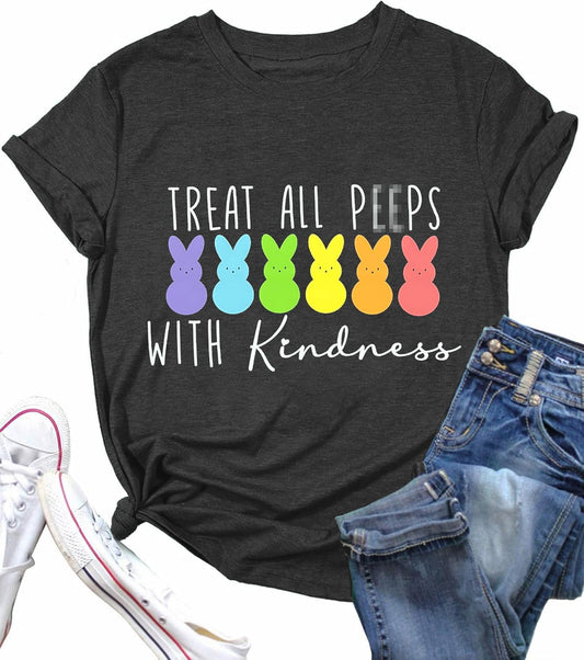 Easter Teacher Shirts for Women Treat All Peep with Kindness T-Shirt Short Sleeve Teacher Bunny Tee Tops