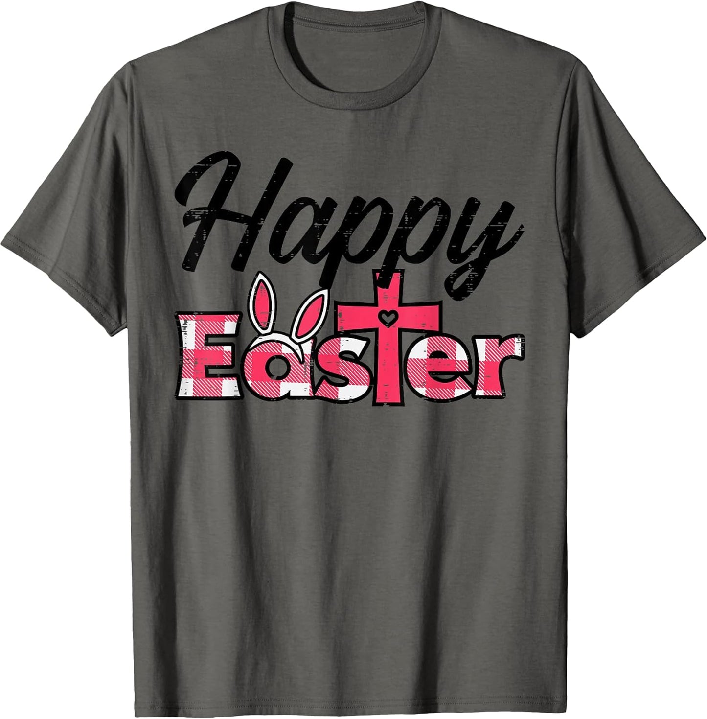 Plaid Happy Easter Bunny Ears Cross Cute Religious Christian T-Shirt