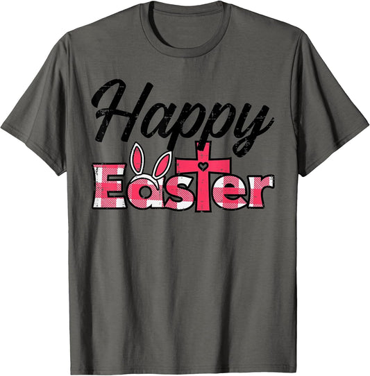 Plaid Happy Easter Bunny Ears Cross Cute Religious Christian T-Shirt