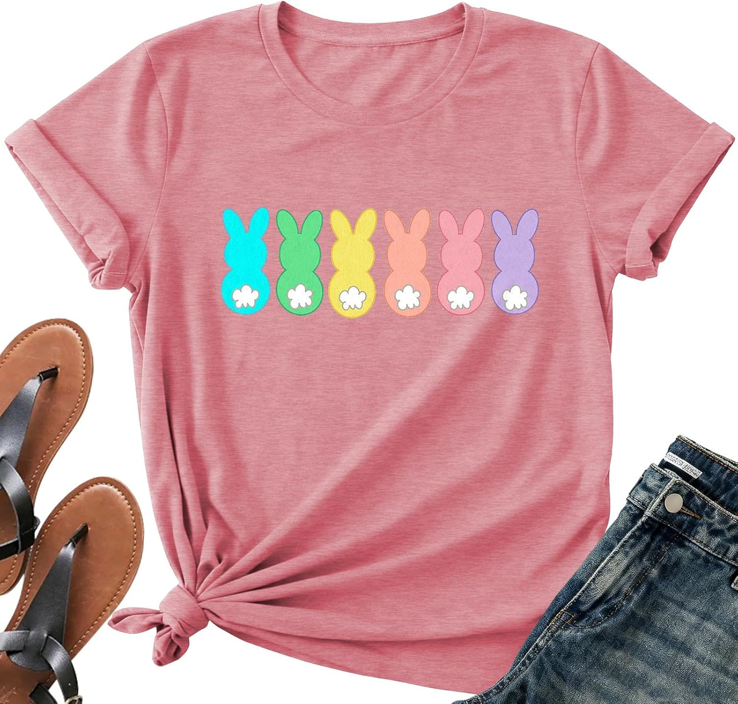 Easter Shirt Women-Cute Easter Teacher Tee Tops Easter Bunny Shirt Teaching My Favorite Peeps Short Sleeves