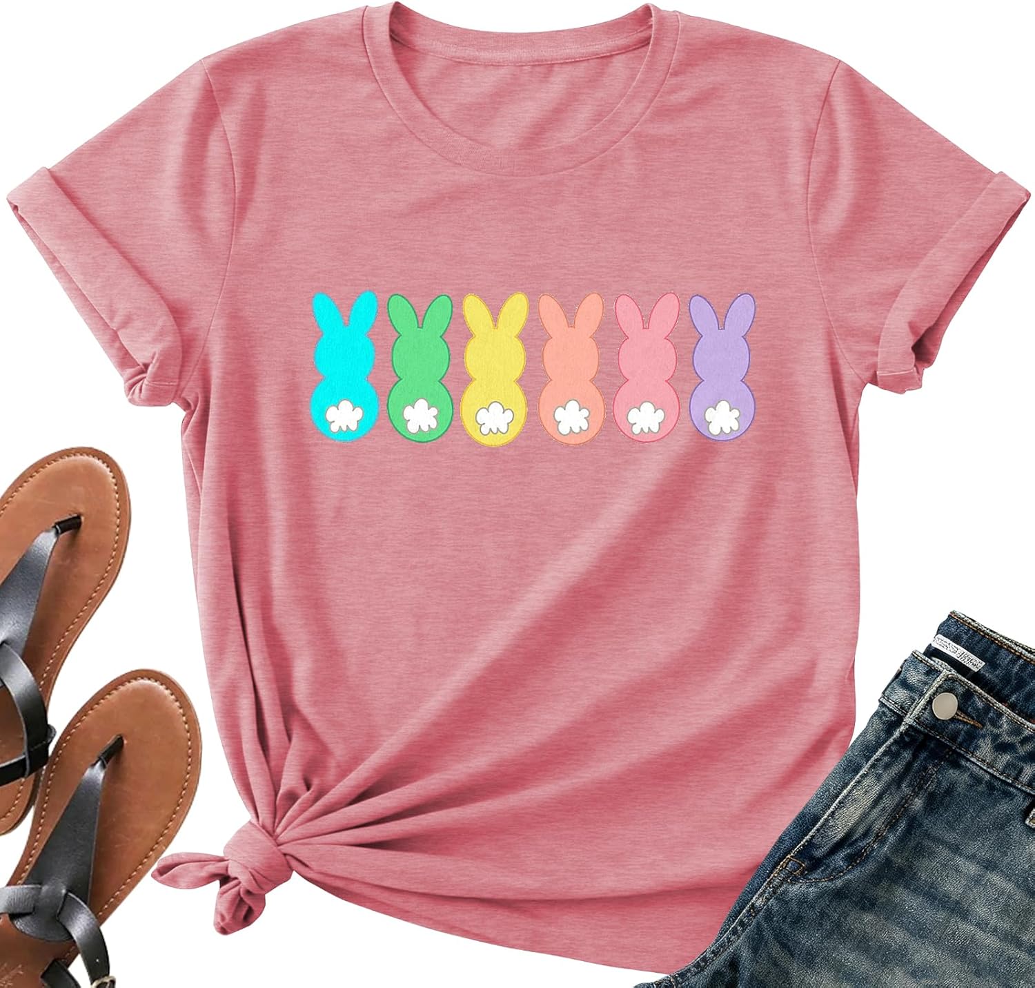Easter Shirt Women-Cute Easter Teacher Tee Tops Easter Bunny Shirt Teaching My Favorite Peeps Short Sleeves