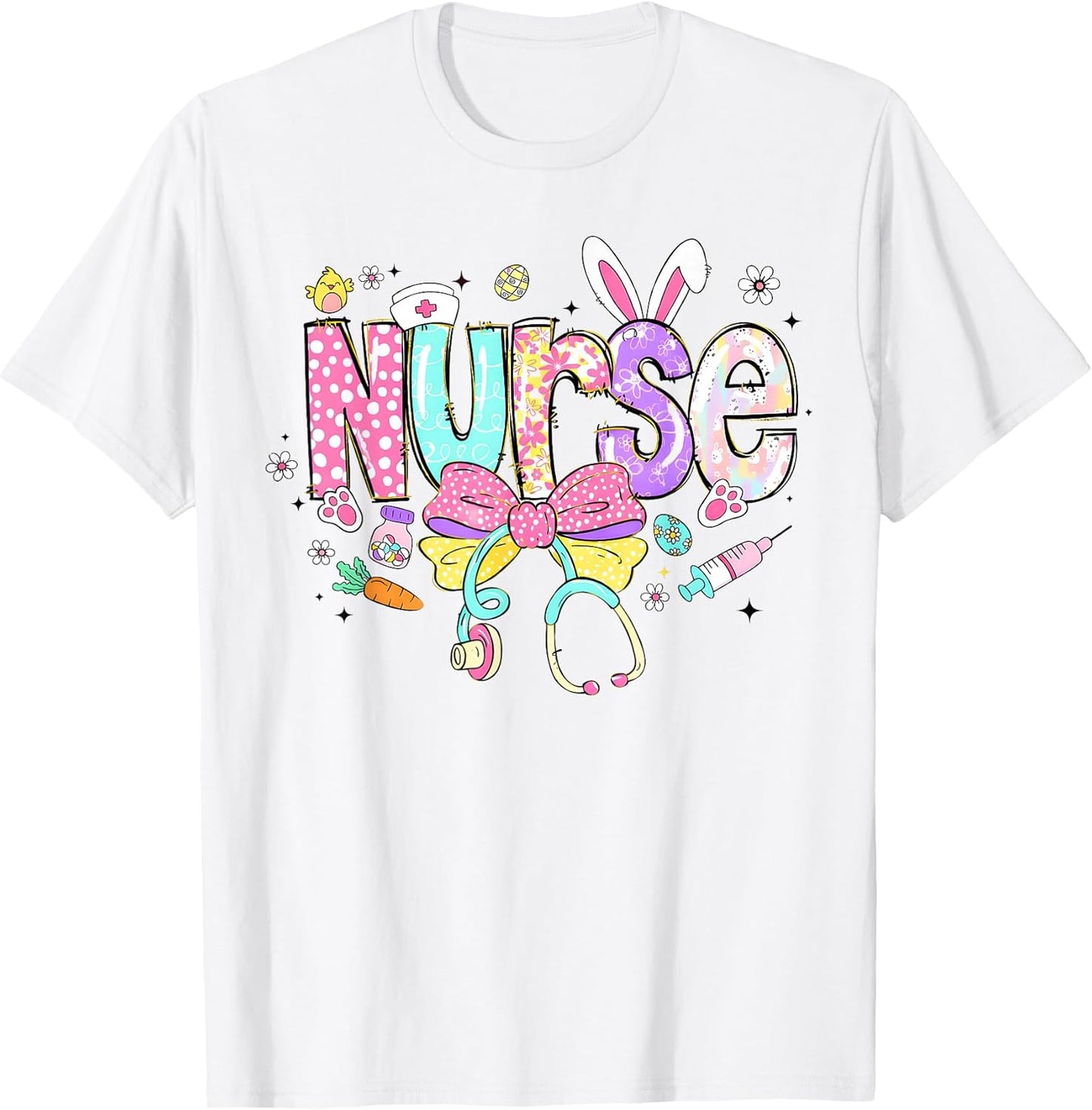 Happy Easter Nurse Coquette Bow Stethoscope Bunny Ears Women T-Shirt