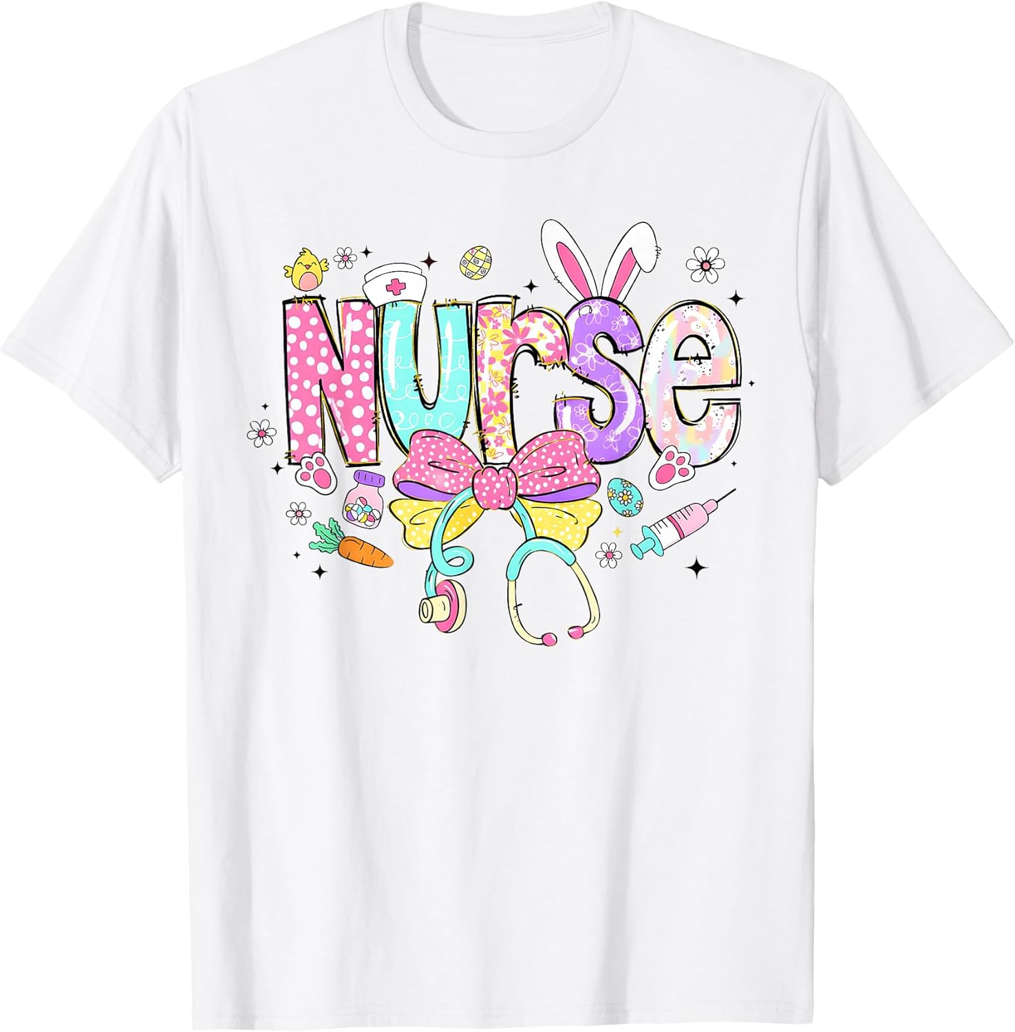Happy Easter Nurse Coquette Bow Stethoscope Bunny Ears Women T-Shirt