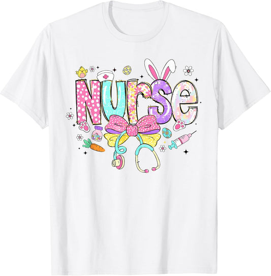 Happy Easter Nurse Coquette Bow Stethoscope Bunny Ears Women T-Shirt