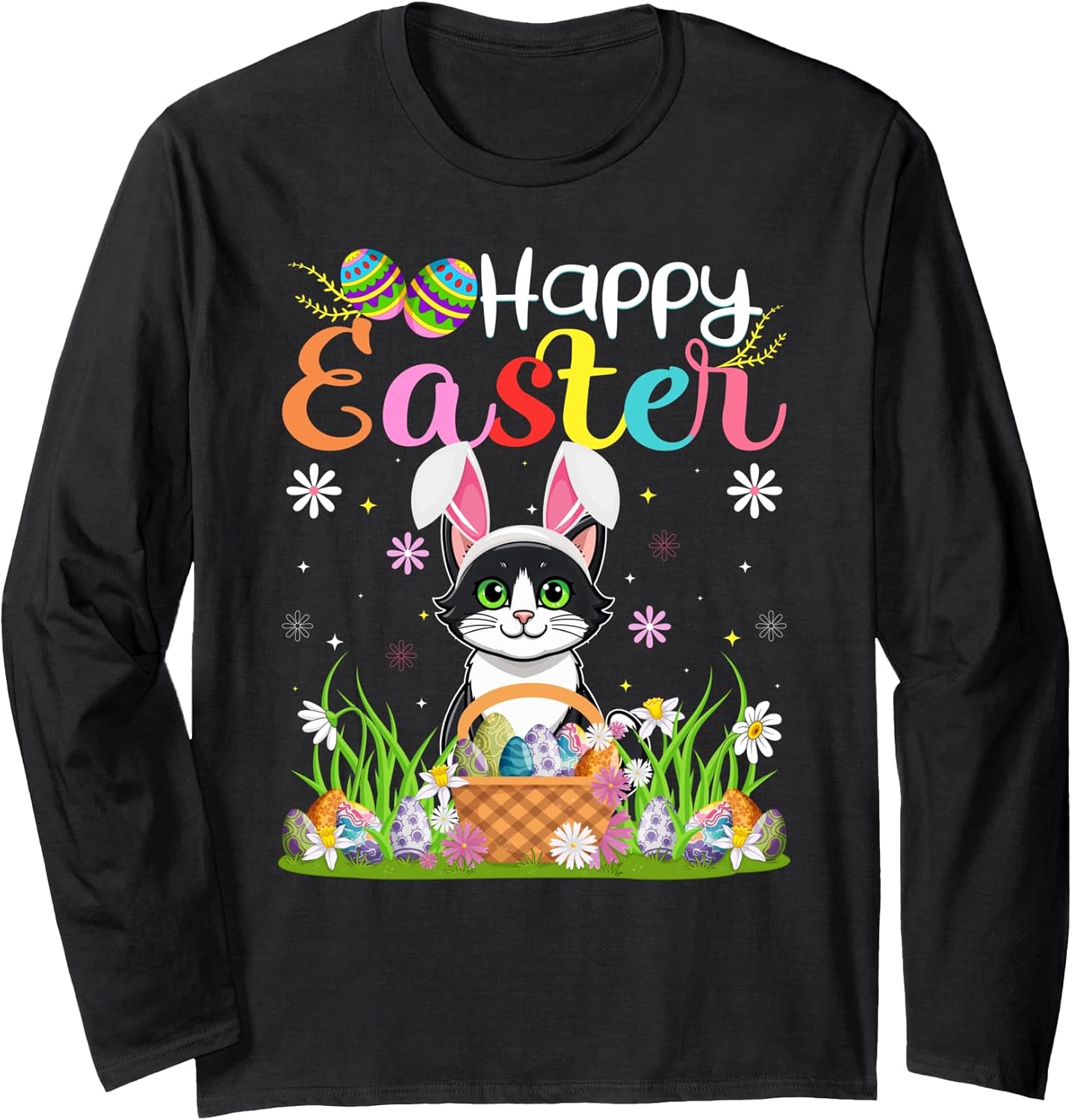 Cat Happy Easter Egg Hunt Bunny Ear Cat Easter Long Sleeve T-Shirt
