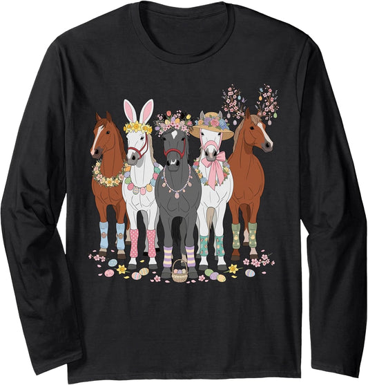Horse Riding Bunny Ears Easter Day Equestrian Men Women Kids Long Sleeve T-Shirt