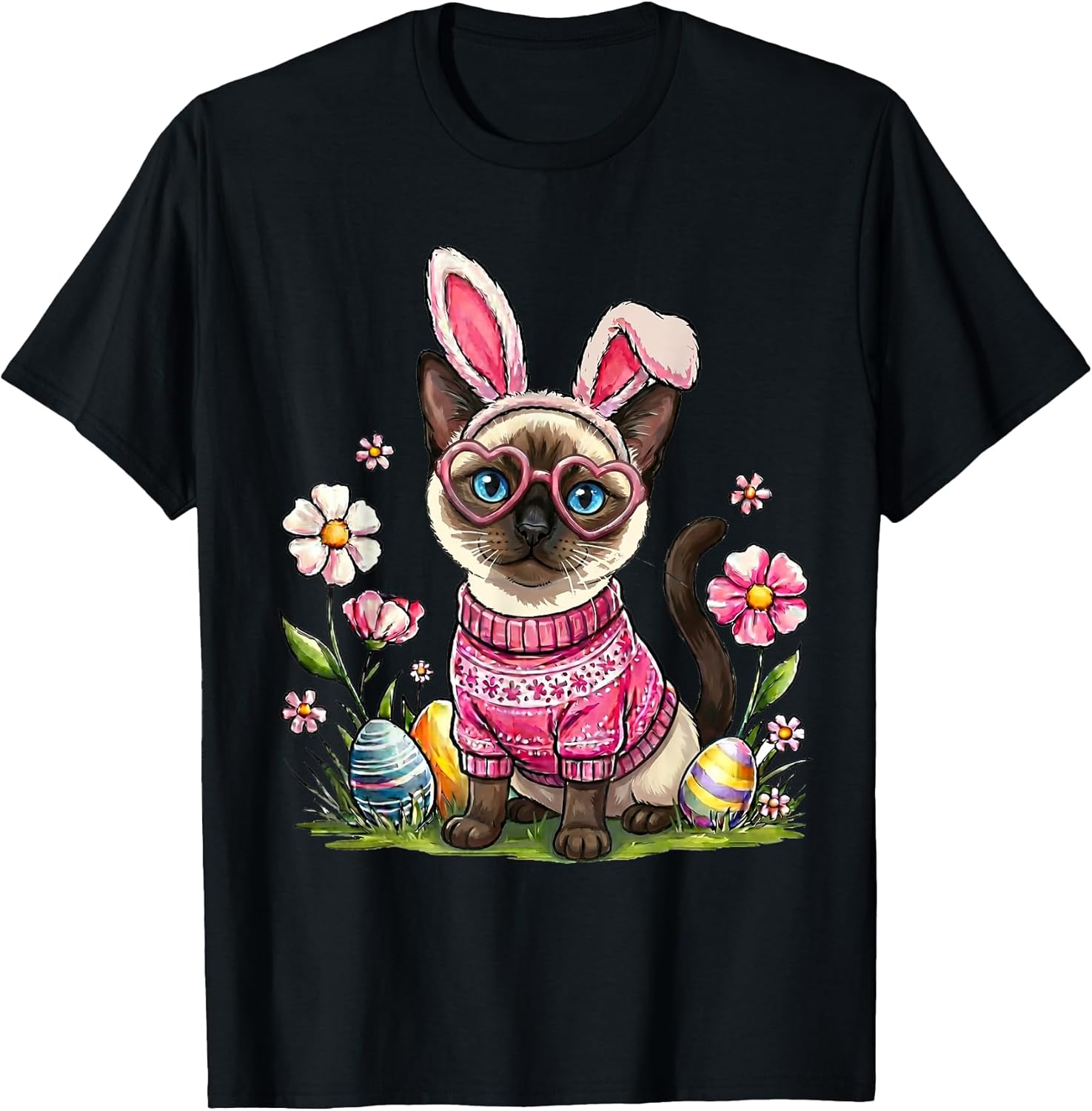 Easter Day Siamese Cat Bunny Ears Egg Basket Tees Easter Cat T-Shirt