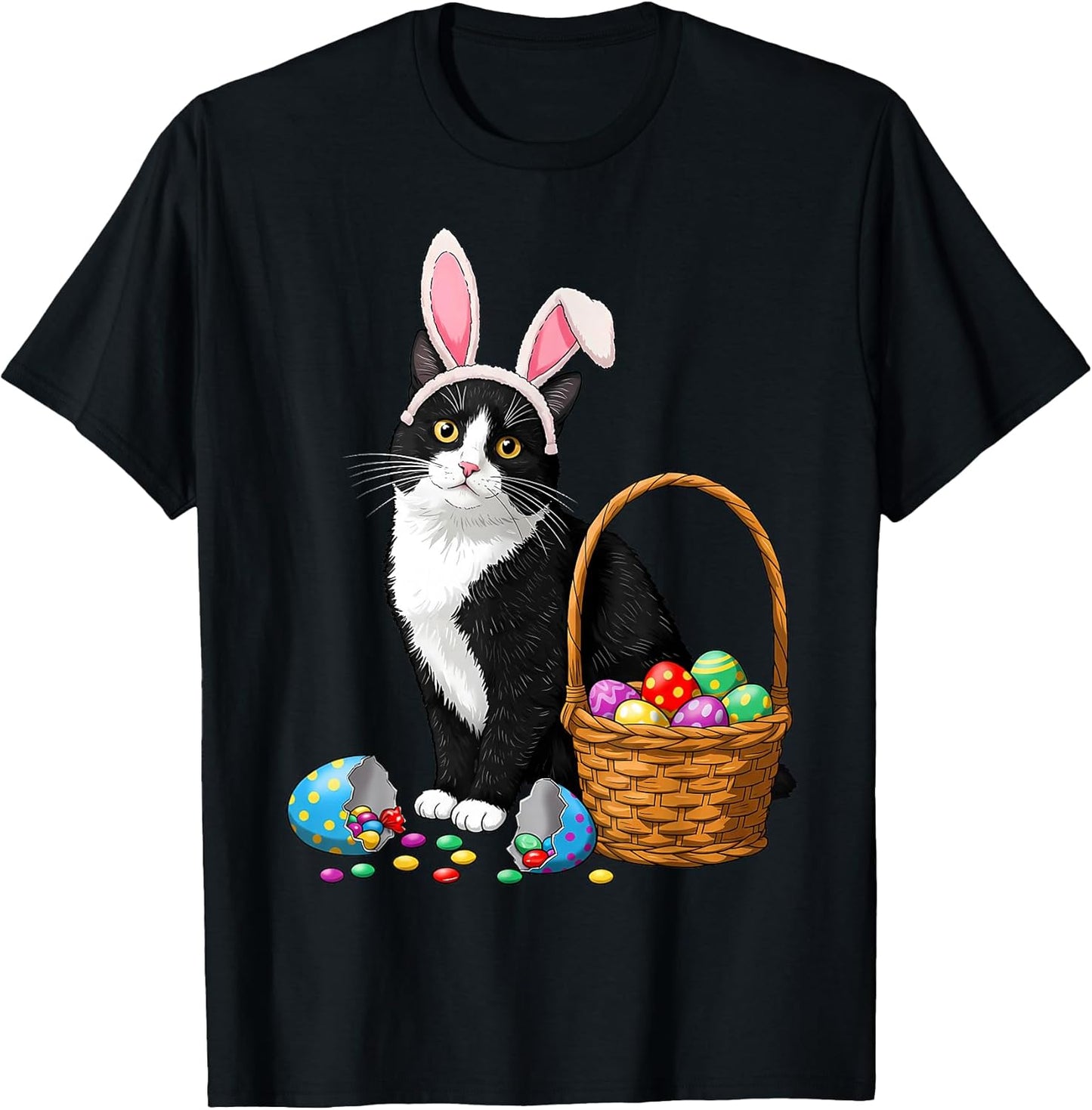 Easter Day Cat Bunny Ears Eggs Graphic Men Women Kids Funny T-Shirt