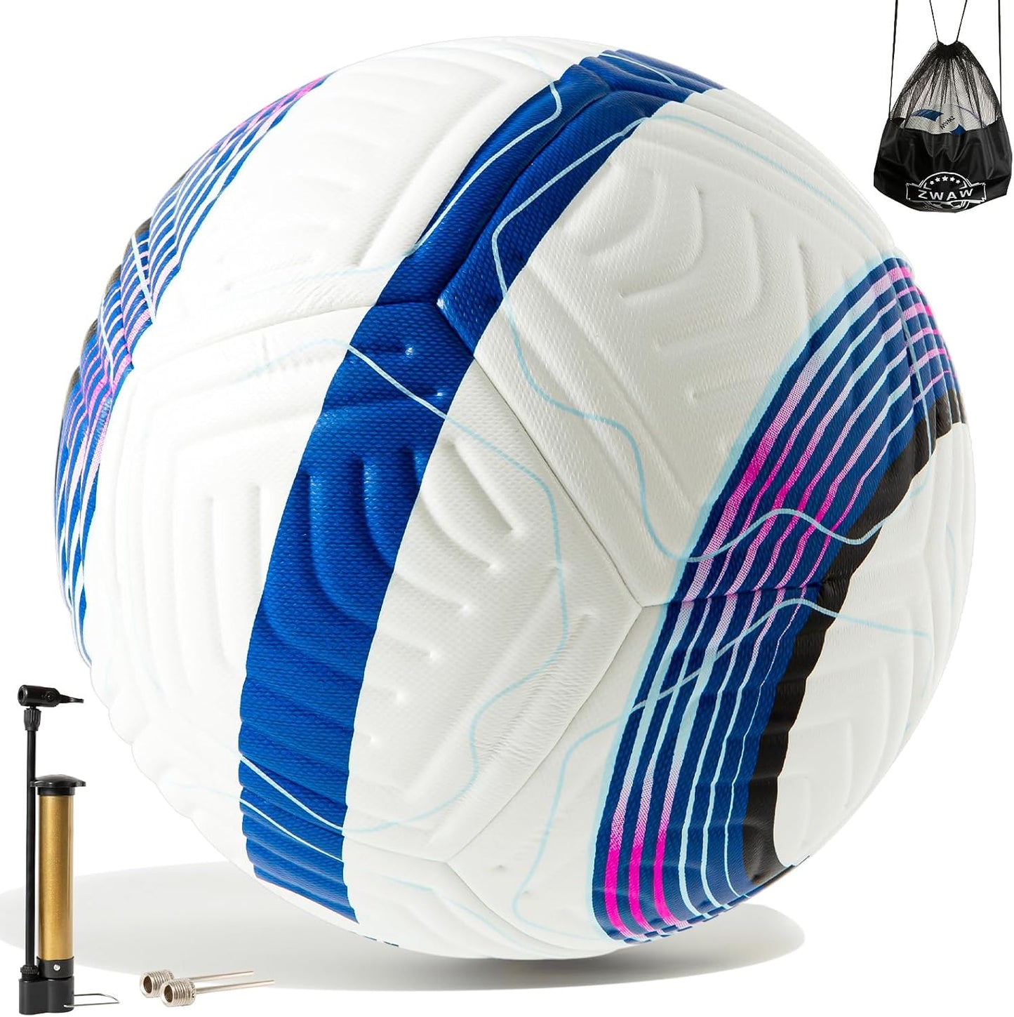 ZWAW Official Match Soccer Ball Size 5 – Waterproof PU Leather, Includes Pump & Needles, Mesh Storage Bag for Easy Carry
