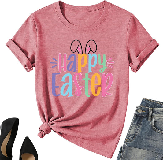 Happy Easter Shirt for Women-Cute Easter Rabbit Tee Tops Spring Colored Bunny Short Sleeve