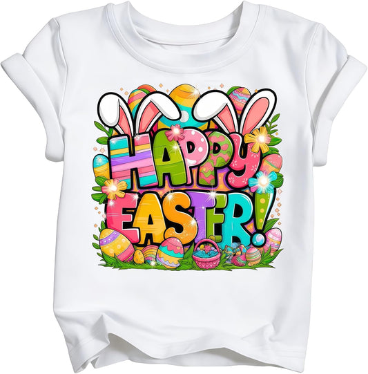 Easter Shirts for Girls Kids Happy Bunny T-Shirts Toddler Cute Rabbit Egg Cotton Short Sleeve Tops 2026 (3T-10T)