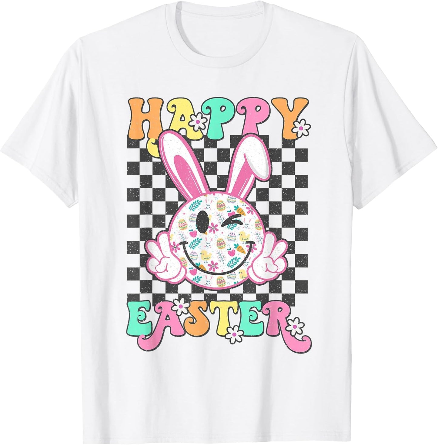 Retro Groovy Happy Easter Bunny Checkered Smile Womens Girls T-Shirt