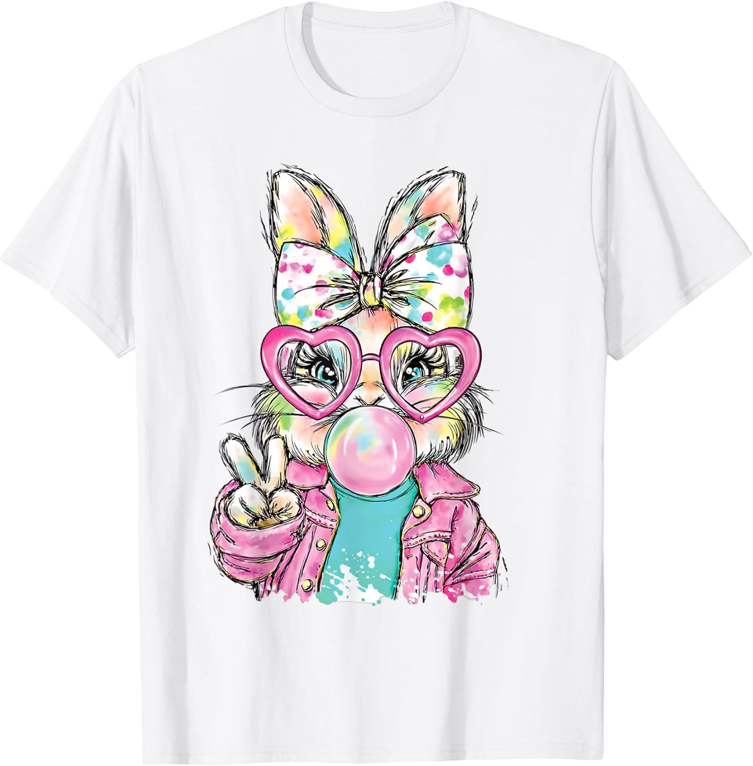 Cute Easter Bunny Peace Sign Bubble Gum Spring Art Kids Girl T-Shirt