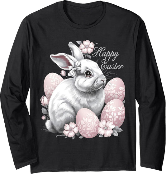 Cute Easter Floral Bunny Coquette Rabbit Women Happy Easter Long Sleeve T-Shirt