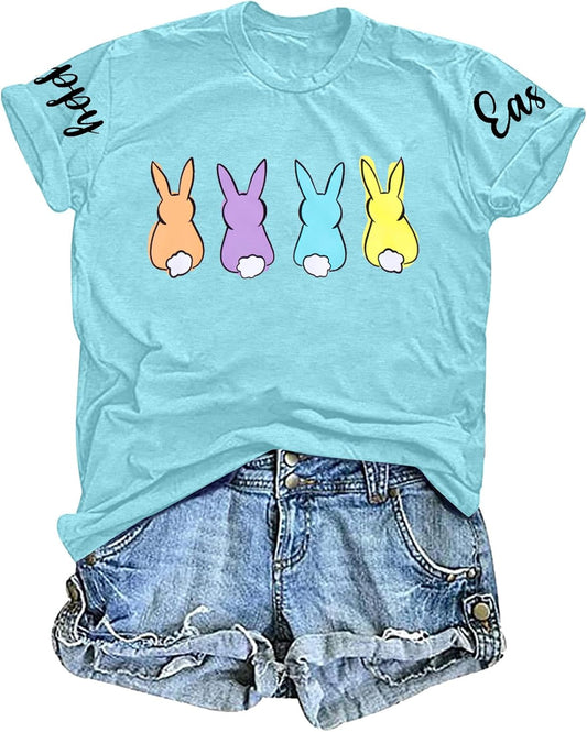 Easter Shirt Women Cute Bunny Graphic Tee Happy Easter Letter Printed Tshirts Casual Short Sleeve Easter Gift Tops