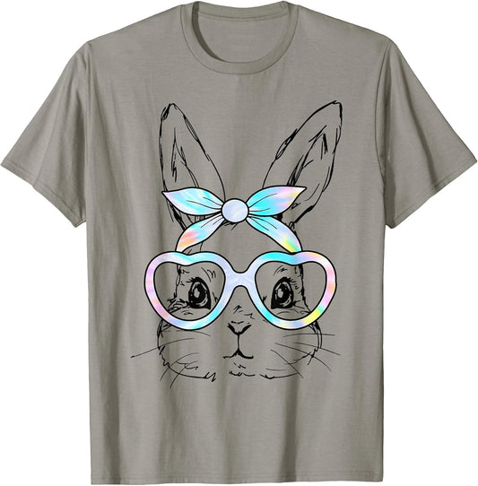 Cute Bunny Rabbit Face Tie Dye Glasses Girl Happy Easter Day T-Shirt