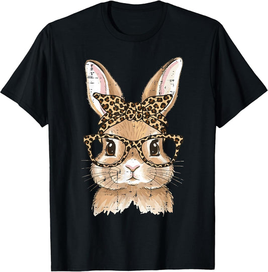 Easter Bunny Leopard Glasses Bandana Rabbit Women Girls Kids T-Shirt