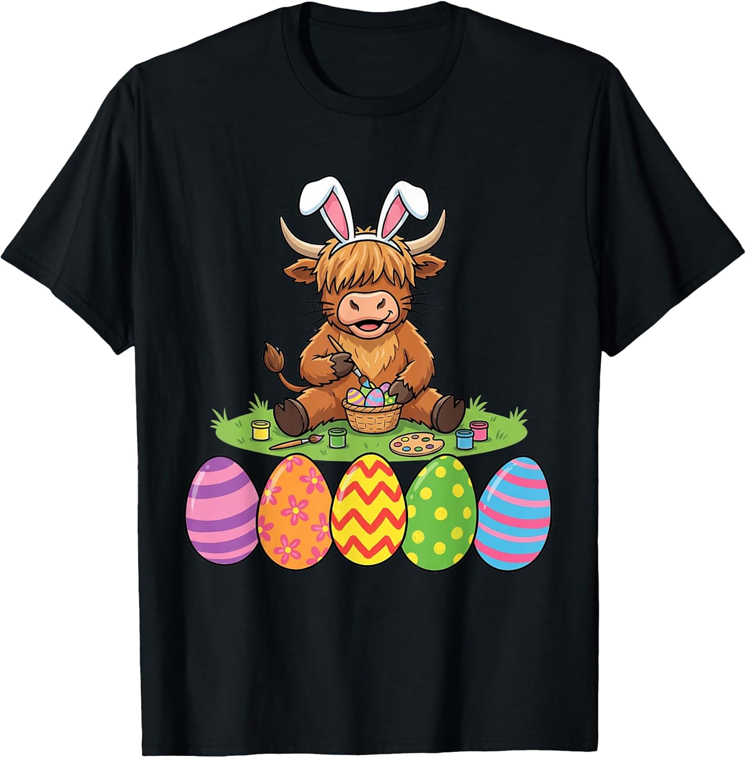 Highlander Cow Easter Bunny Painting Eggs for Toddler Kid T-Shirt