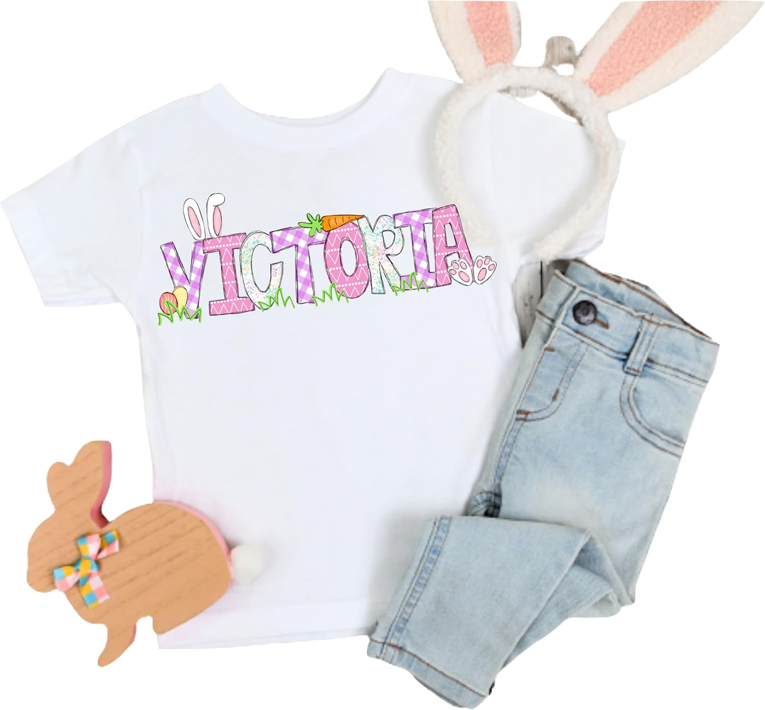 Custom/Personalized T-Shirt Easter Bunny Ears Cute Pastel Egg Carrot Girl Shirt White