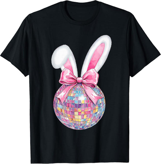 Easter Day Disco Ball Bunny Ears Coquette Bow Girls Women T-Shirt
