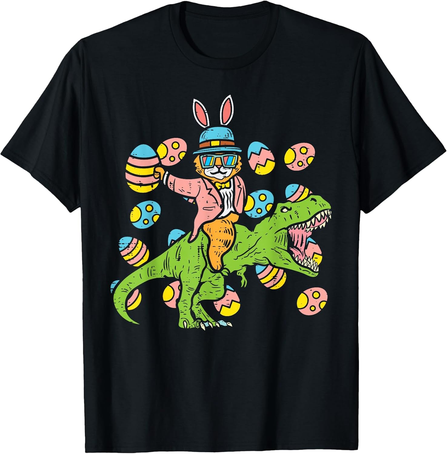 Cat Easter Bunny Riding Dino Trex Egg Hunt Dinosaur Boys Kid T-Shirt Small