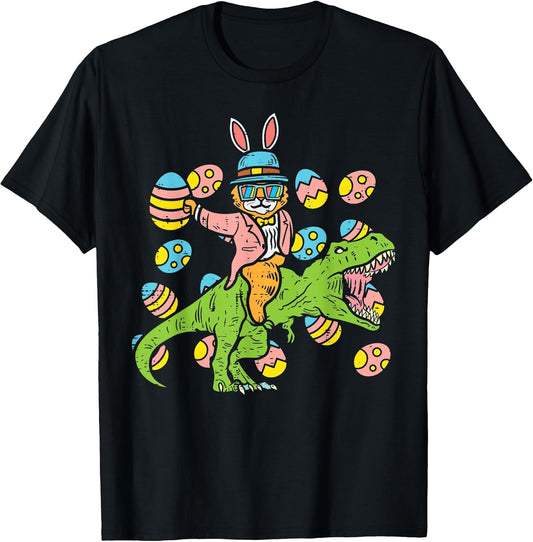 Cat Easter Bunny Riding Dino Trex Egg Hunt Dinosaur Boys Kid T-Shirt Small