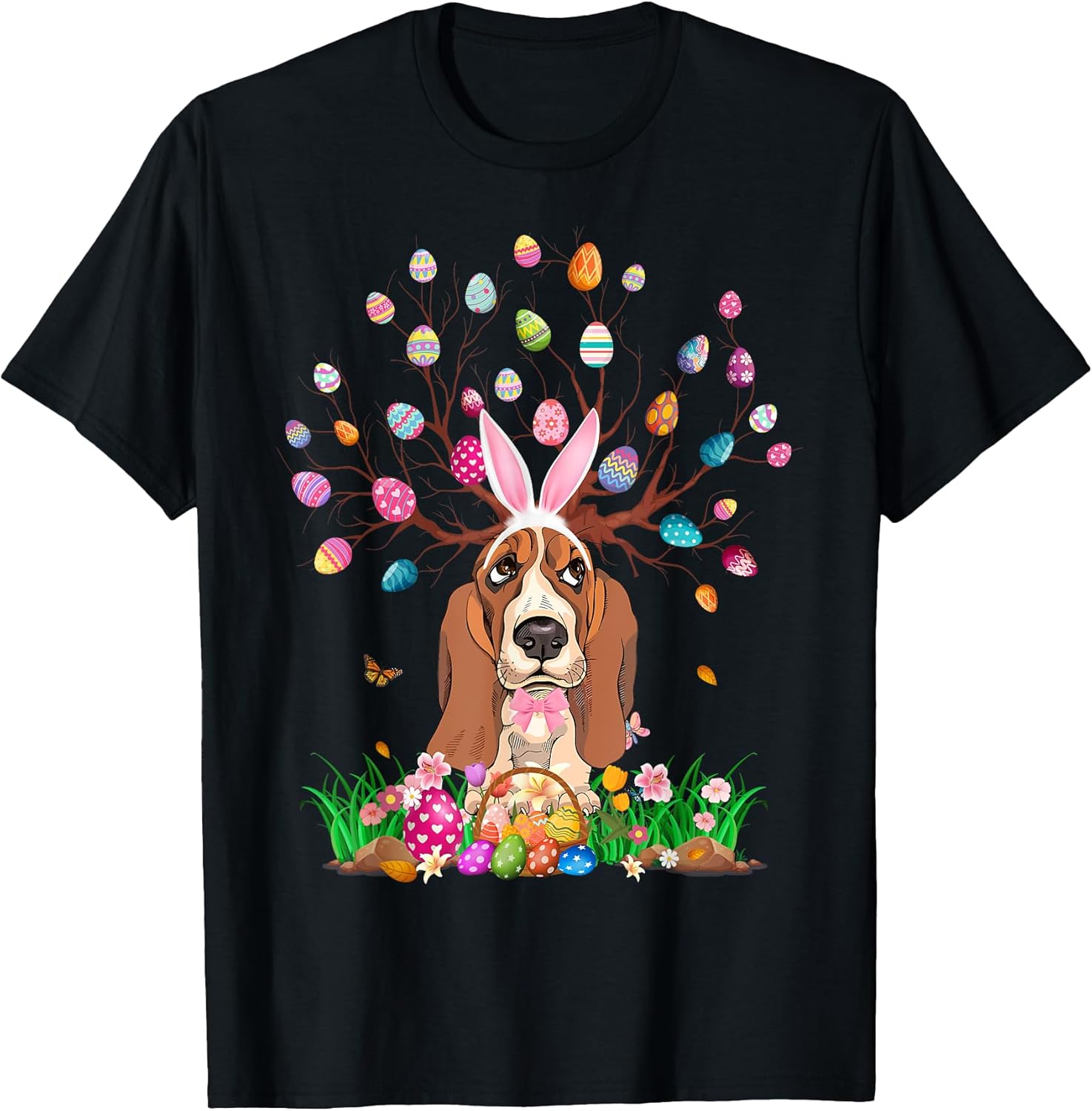 Basset Hound Dog With Bunny Ears Easter Egg Tree Easter Day T-Shirt