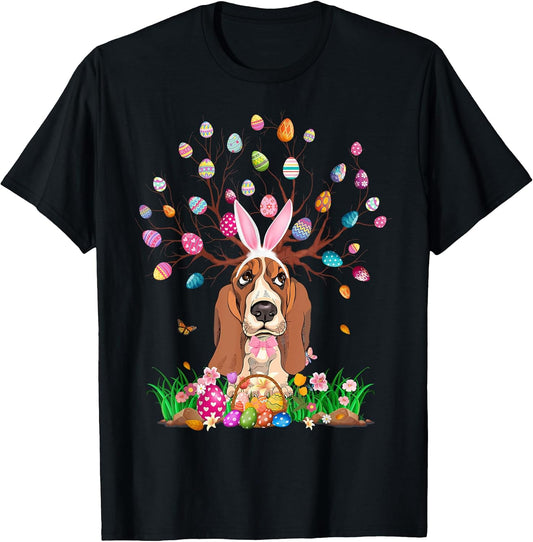 Basset Hound Dog With Bunny Ears Easter Egg Tree Easter Day T-Shirt