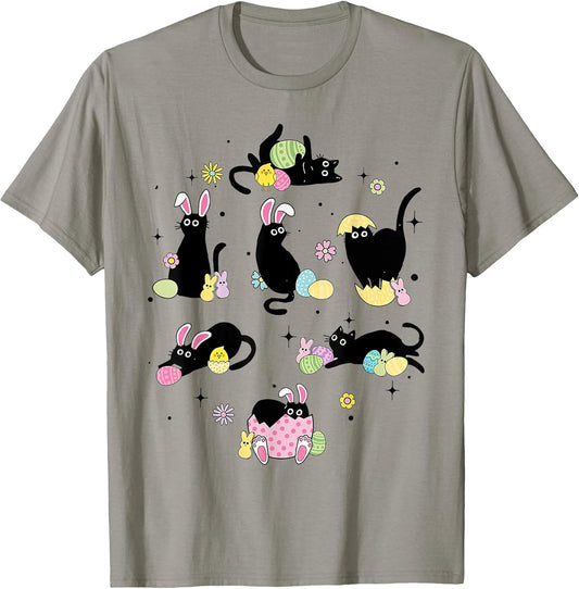 Black Cat with Bunny Eggs Happy Easter Day Matching T-Shirt