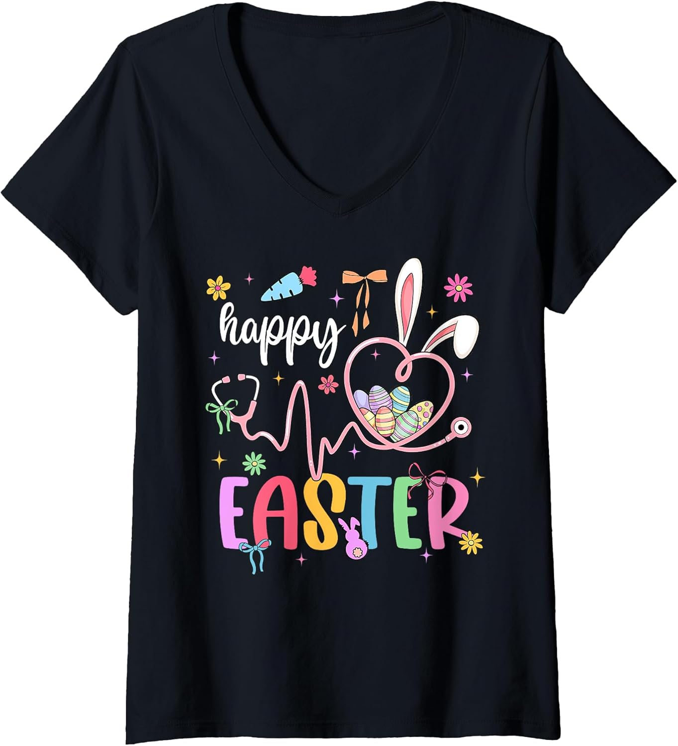 Womens Happy Easter Day Nursing Bunny Ears Egg Nurse Stethoscope V-Neck T-Shirt