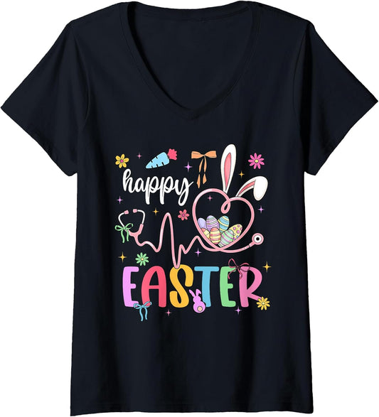 Womens Happy Easter Day Nursing Bunny Ears Egg Nurse Stethoscope V-Neck T-Shirt
