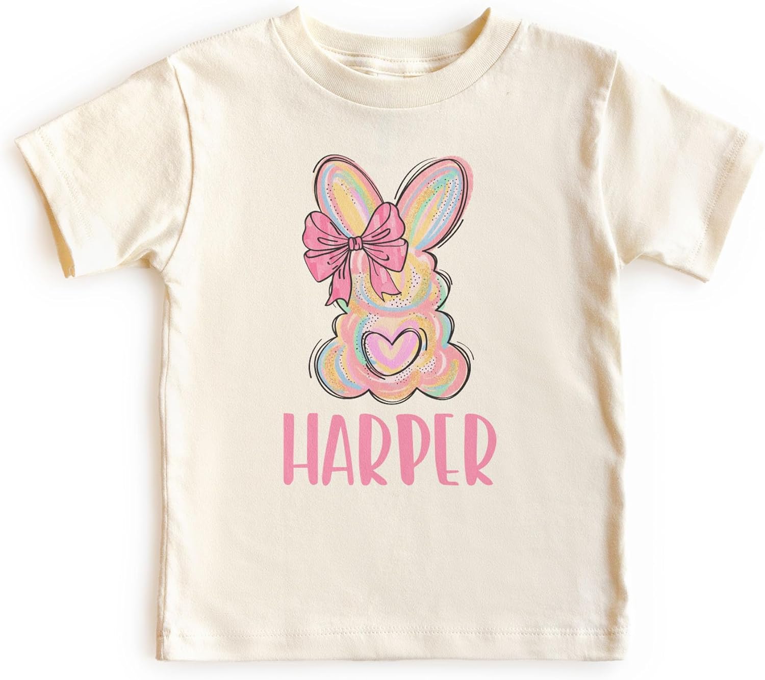 Personalized Easter Bunny T-Shirt - Custom Name Pastel Brushstroke Bunny with Pink Bow Tee - Cute Girls Spring Outfit