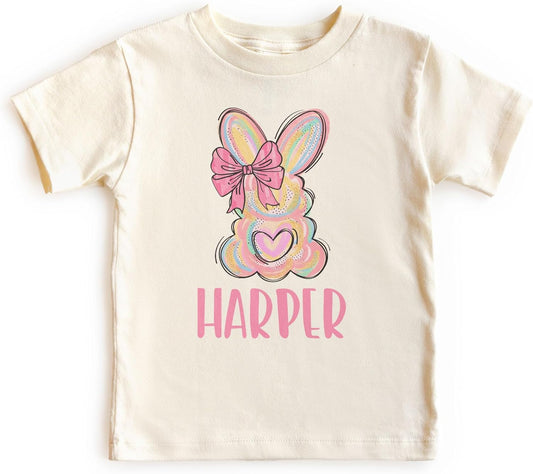 Personalized Easter Bunny T-Shirt - Custom Name Pastel Brushstroke Bunny with Pink Bow Tee - Cute Girls Spring Outfit