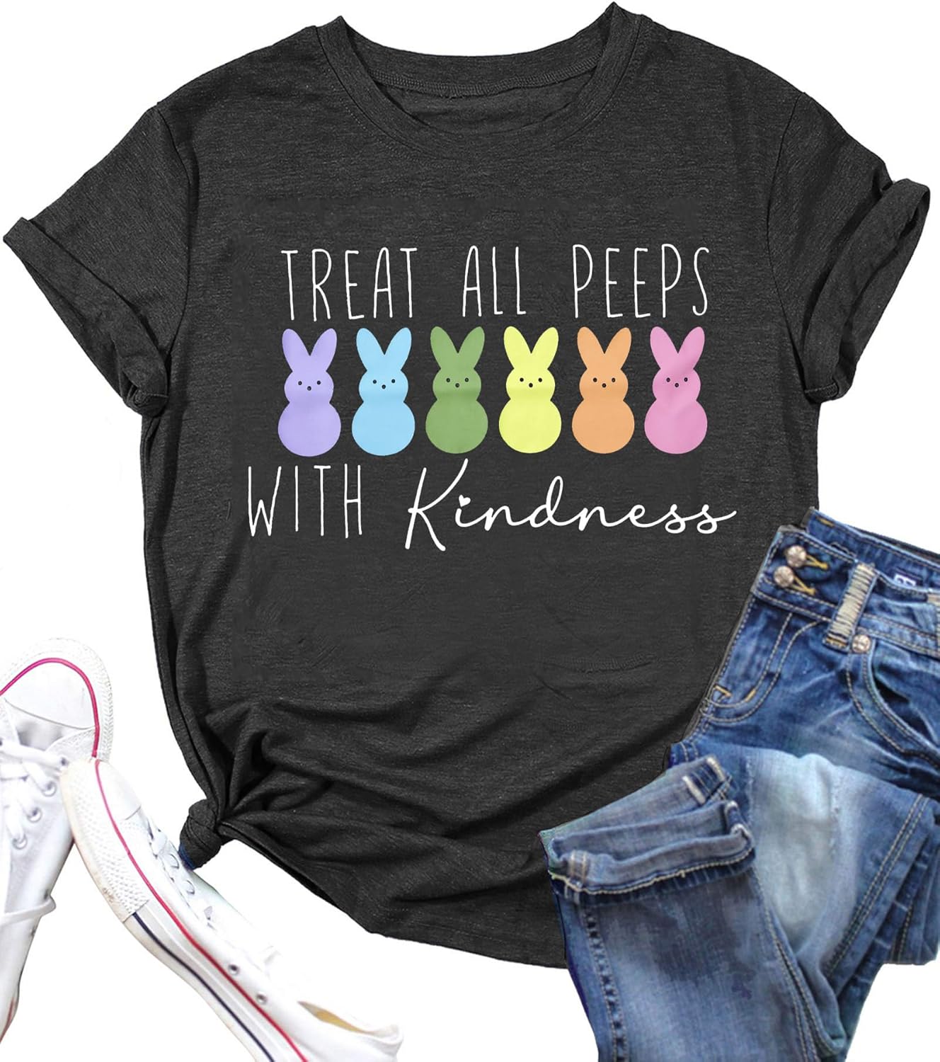 Easter Day Shirt Women Cute Bunny Tee Shirts Treat All Peeps with Kindness Letter Graphic Short Pullover Tops