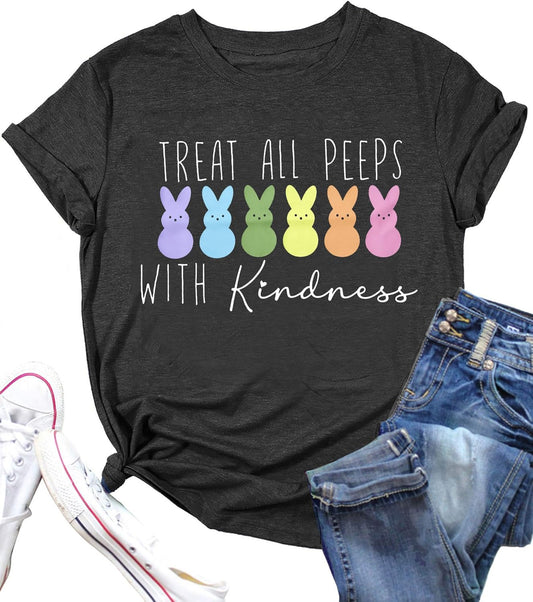 Easter Day Shirt Women Cute Bunny Tee Shirts Treat All Peeps with Kindness Letter Graphic Short Pullover Tops