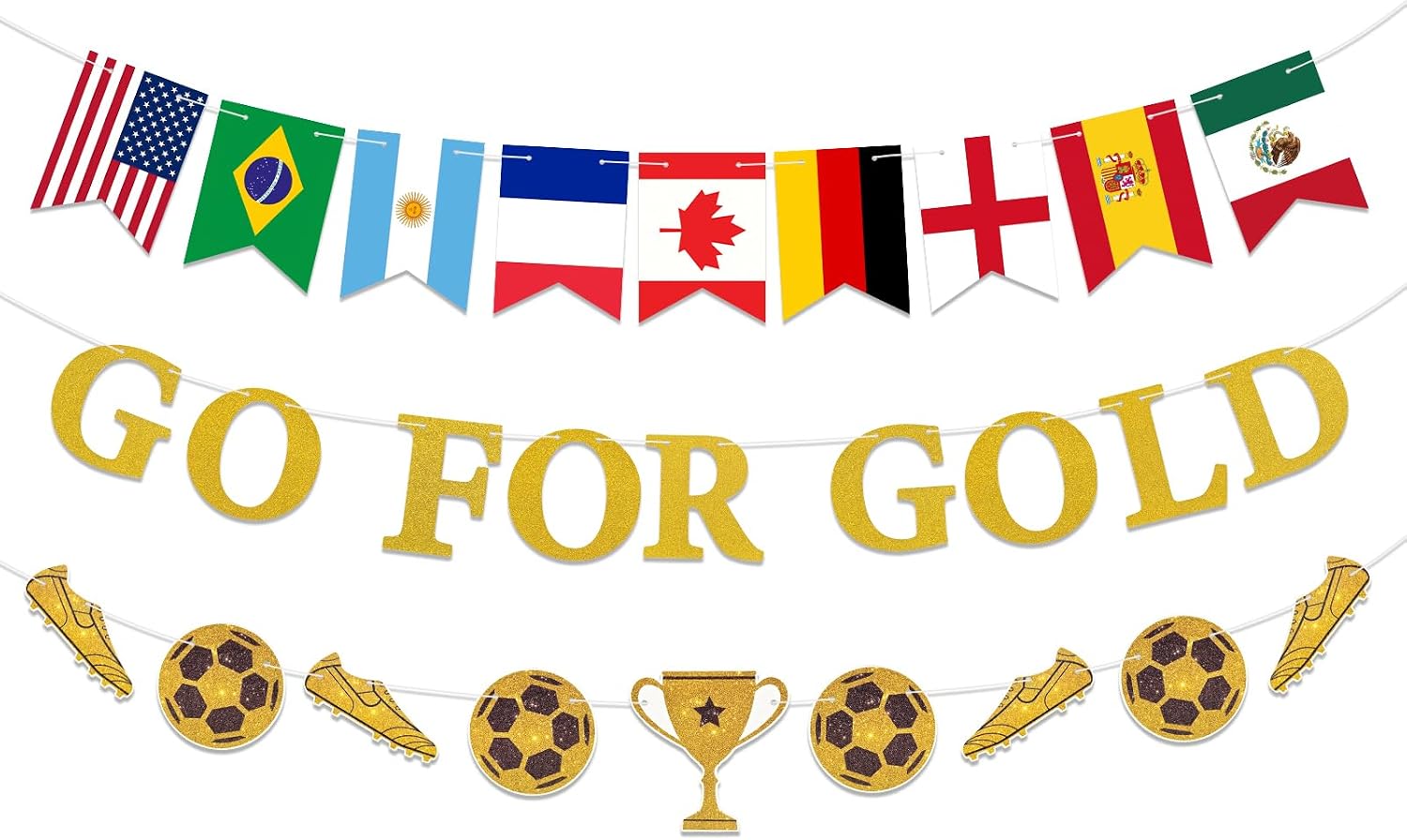 2026 Go for Gold Soccer Event Banner, Golden Shiny Banner Sports Party Decorations with National Flags, Hanging Streamer Backdrop for Soccer & Sports Events Supplies
